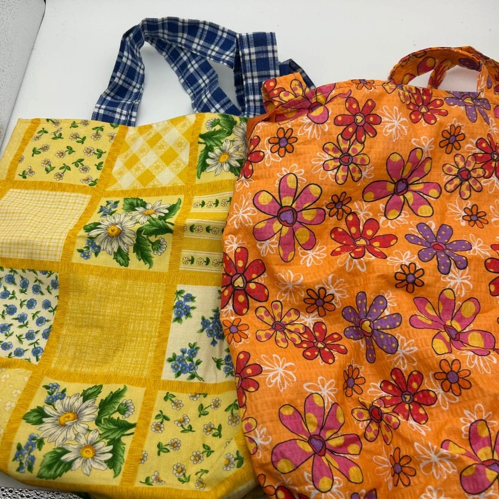 Lot‎ of 3 Floral Patchwork Cotton Tote Bags Pink Ribbon Awareness Yellow Orange
